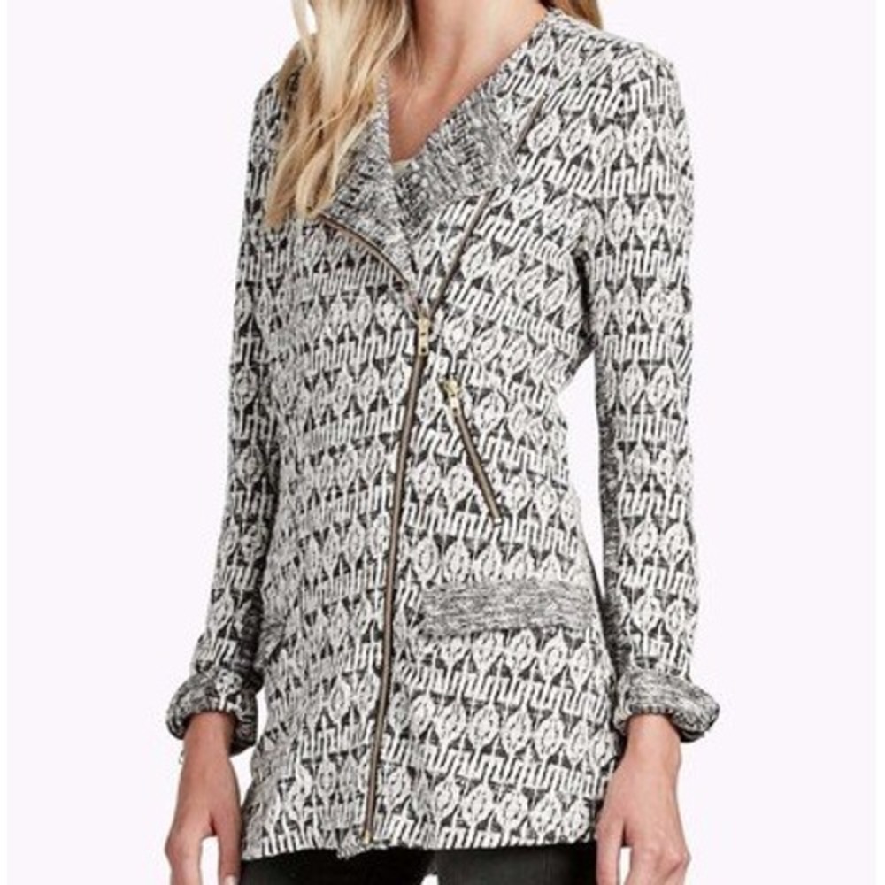 Lucky Brand Womens Black White Geometric Knit‎ Moto Jacket Asymmetrical Zip M